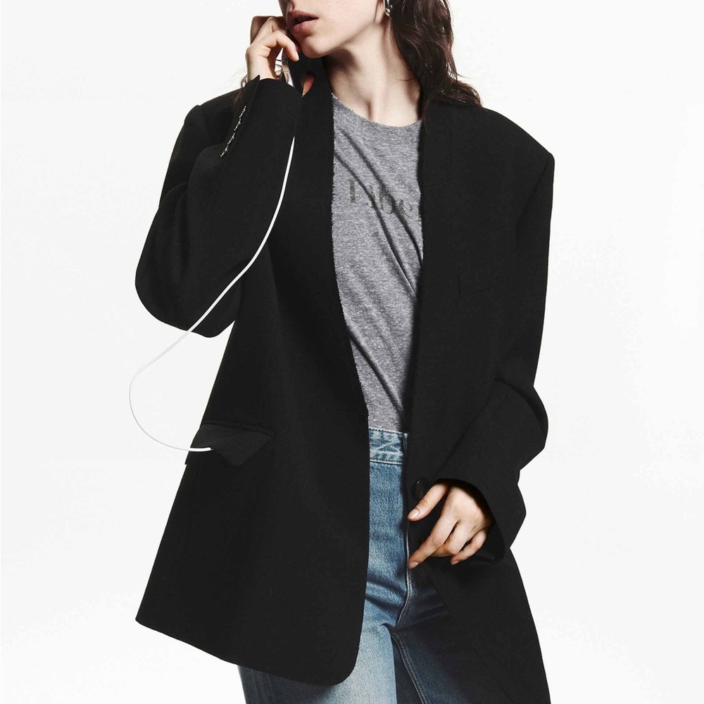 Vintage 1980’s Structured Wool Collarless V-Neck Oversized Lined Blazer